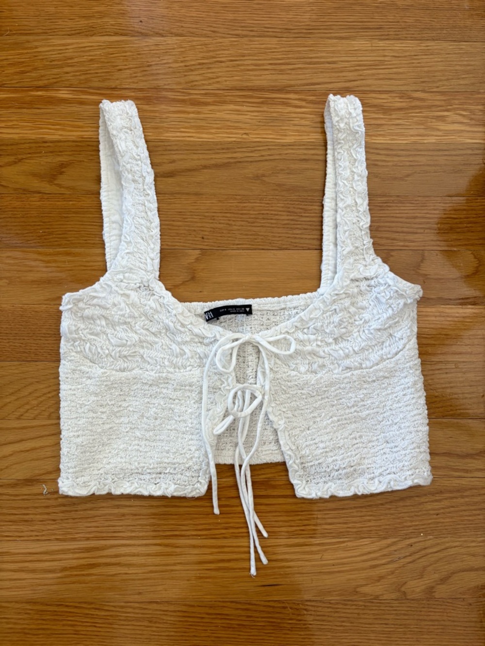 Zara White Textured Lace-Up Cropped Tank